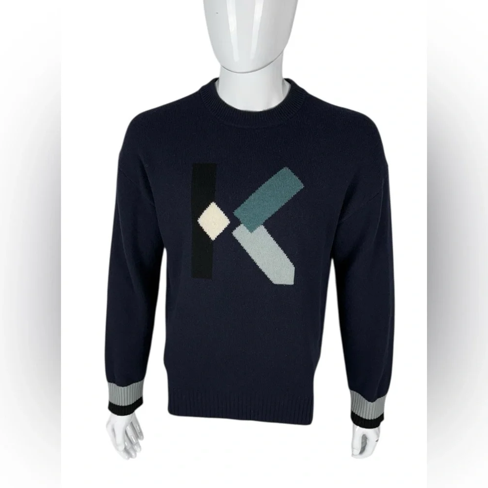 Kenzo Mens Medium Sweater Wool Nylon Blend Blue Knit Logo Triko Crewneck Casual - Picture 2 of 10